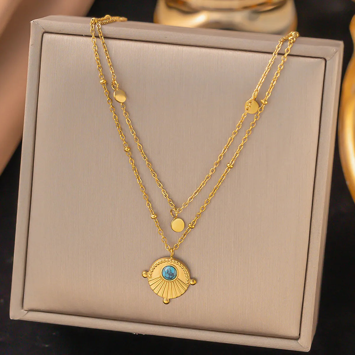 4 [Ah166] Double Layer Turquoise Pendant Necklace Gold