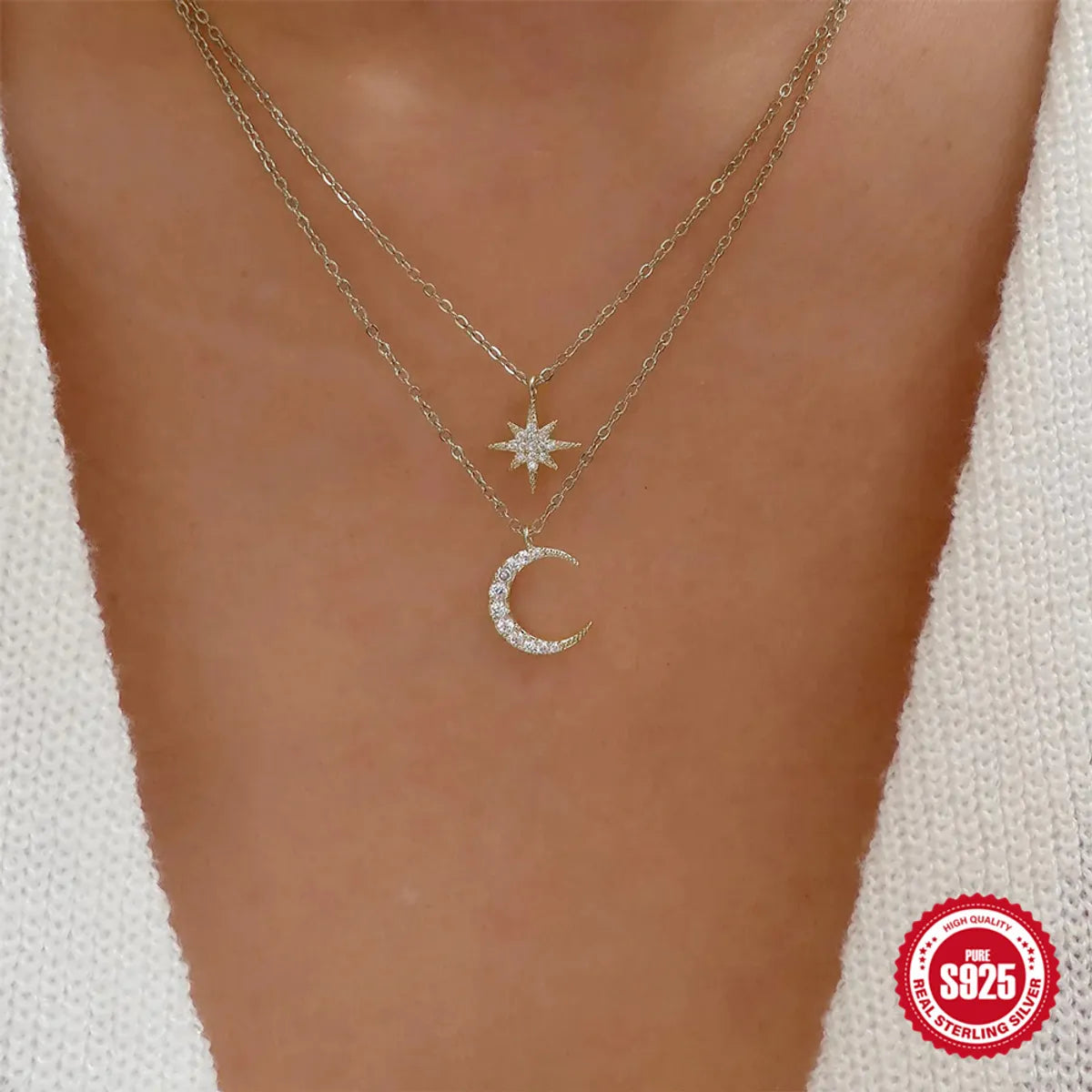 Women’s minimalistic necklaces-Sterling Silver Simple Style Star Moon Plating Inlay Zircon Double Layer Necklaces