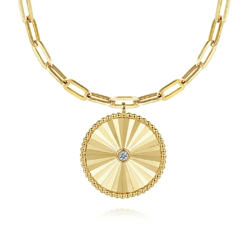 Women’s gemstone necklaces-Gabriel 14K Yellow Gold Textured Diamond Medallion Hollow Chain Necklace