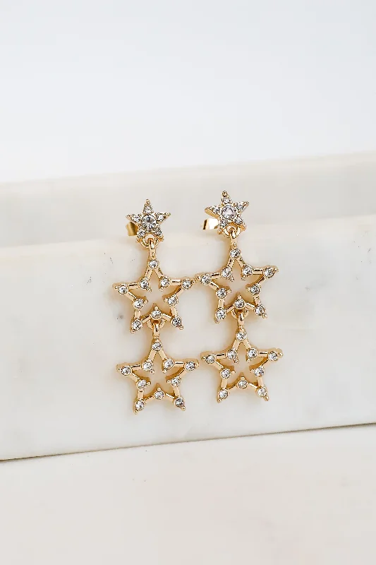 Wedding earrings for women -Rachel Gold Rhinestone Star Drop Earrings