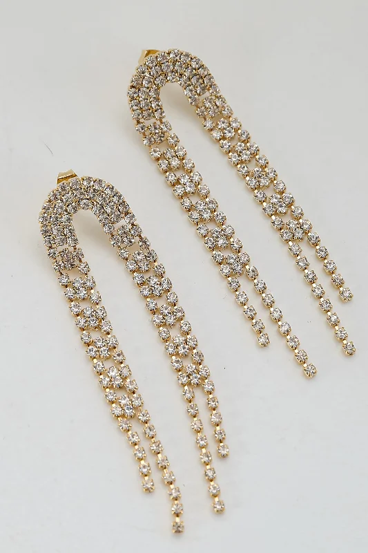 Round earrings for women -FINAL SALE - Alexa Gold Rhinestone Fringe Earrings