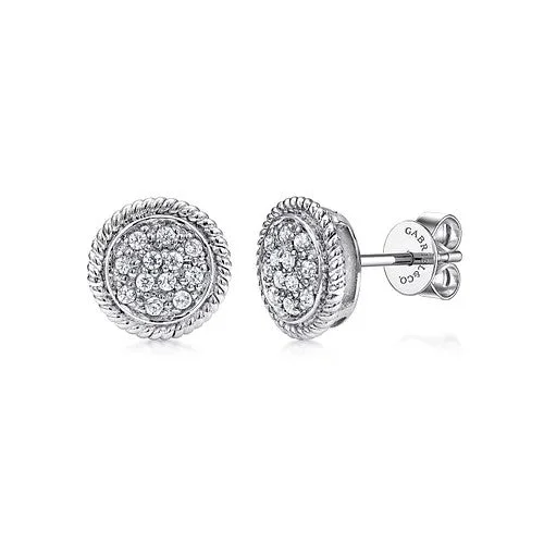 Vintage elegant women's earrings -14K White Gold Round Diamond Cluster Stud Earrings with Twisted Rope Frame