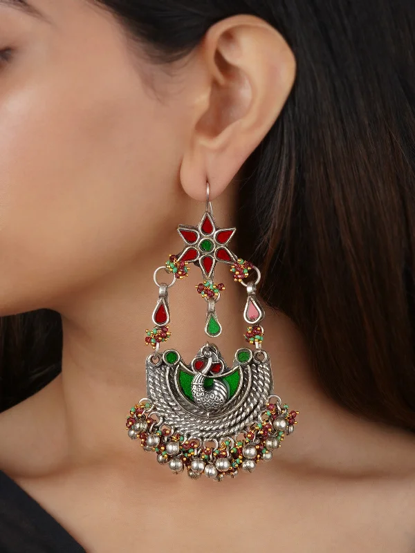 Women's earrings outfit pairing -Multicolor Silver Plated Tribal Earrings - EK-SFEAR371B