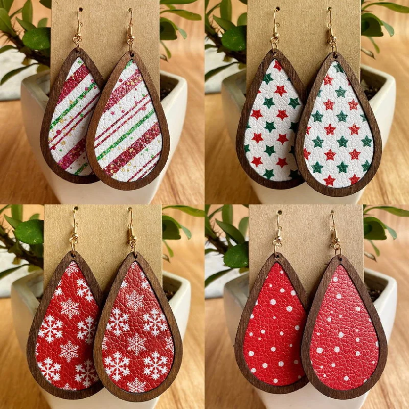 Evening wear earrings for women -Festive Leather and Wood Christmas Earrings