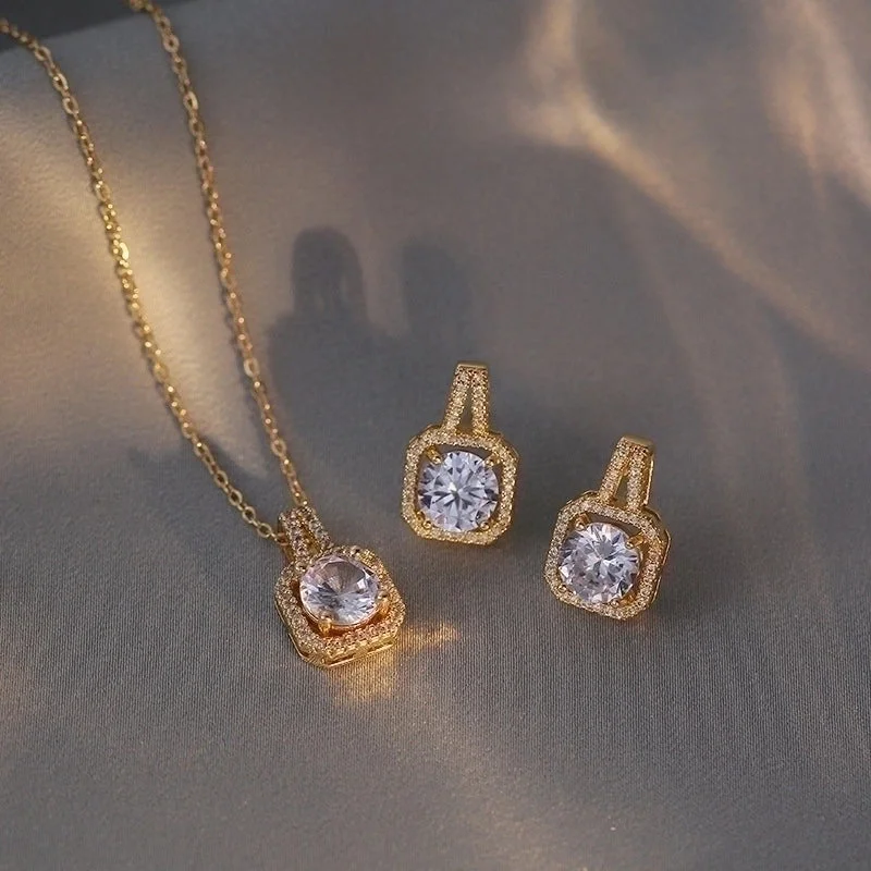 Square Diamond Zircon Necklace Same Style Ear Studs Gold