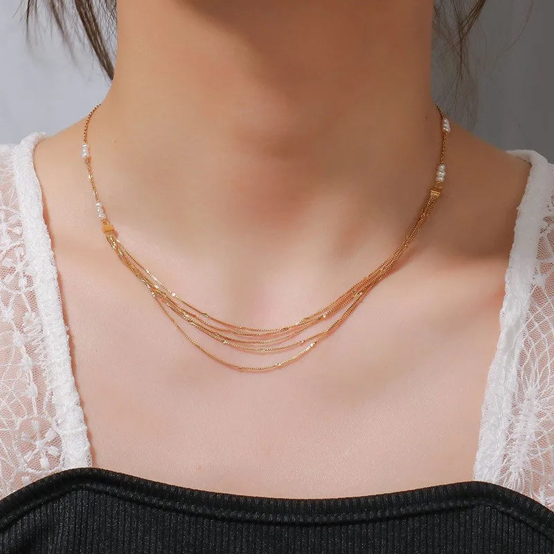 Women’s custom birthstone necklaces-Freshwater Pearl Brass 18K Gold Plated Irregular Layered Necklaces