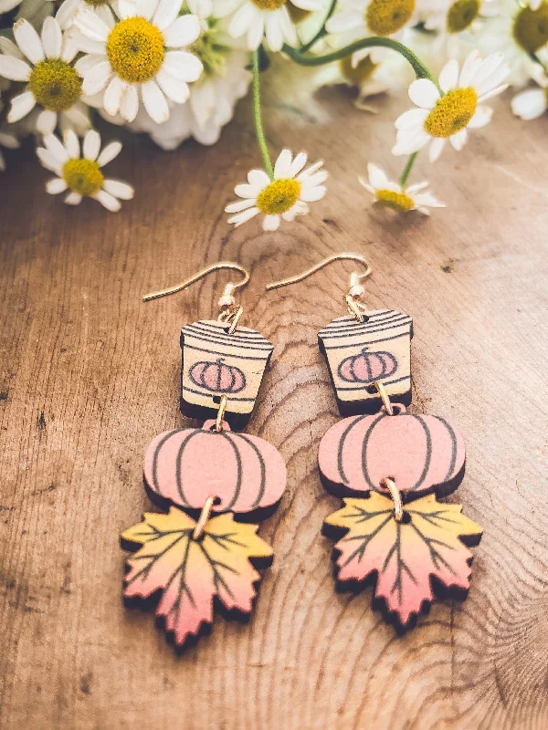 Rose flower earrings for women -Adorable Fall Pumpkin Spice Coffee Wood Earrings