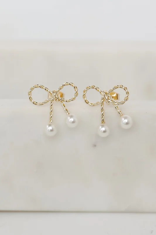 Gold women's earrings -Wren Gold Pearl Bow Stud Earrings