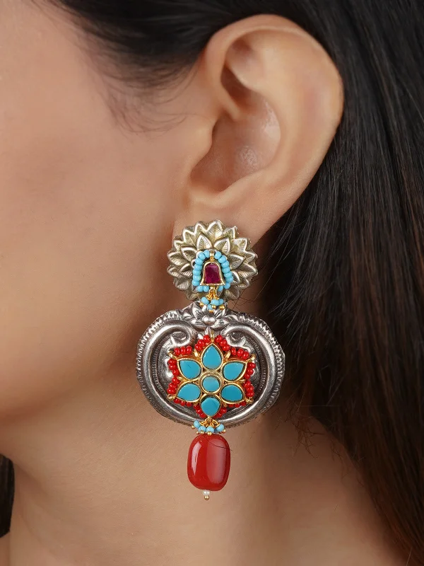 Gemstone earrings for women -Firoza Color Tribal Earrings - EK-SFEAR442FP