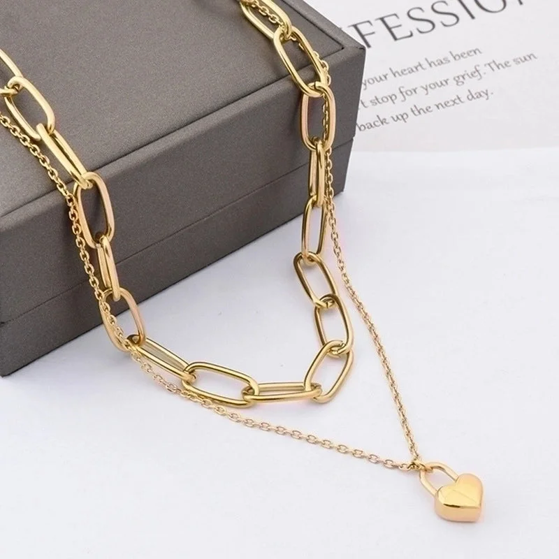 Women’s multi-layered necklaces-Fashion Hip-hop Heart-shaped Titanium Steel Thick Chain Double-layer Clavicle Chain