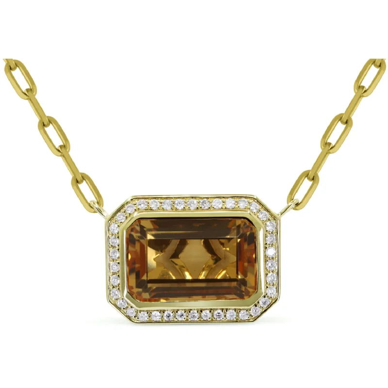 Women’s long pendant necklaces-14K Yellow Gold Emerald Cut Citrine and Diamond Bezel Pendant