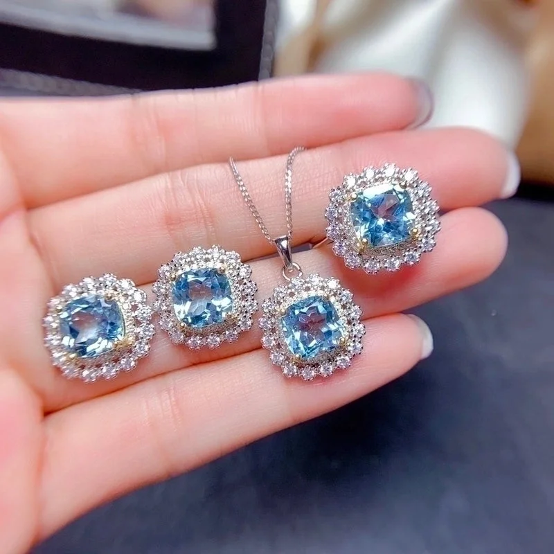 Women’s rhinestone necklaces-Internet Celebrity Live Streaming Imitation Natural Colorful Crystal Stone Suit Sky Blue Topaz Necklace Ring Eardrops Stud Earrings Female