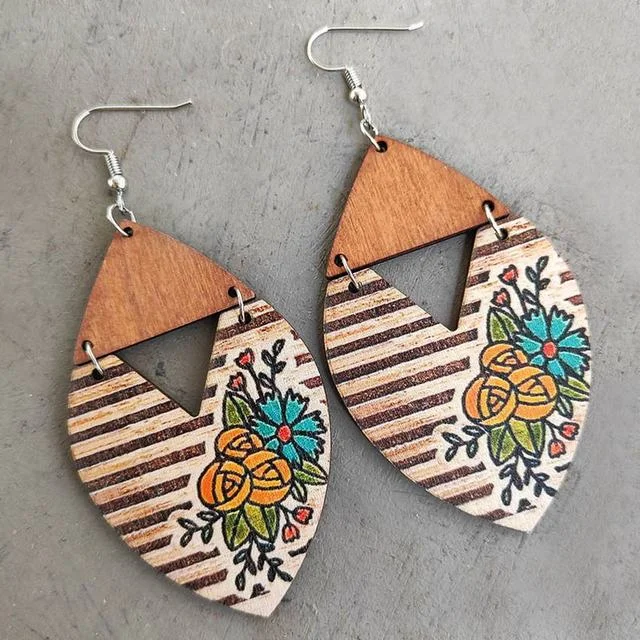 Black women's earrings -Beautiful Wood Striped Floral Earrings