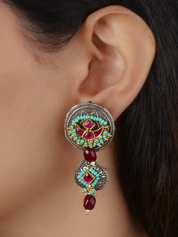 Colorful earrings for women -Pink Color Tribal Earrings - EK-SFEAR439P