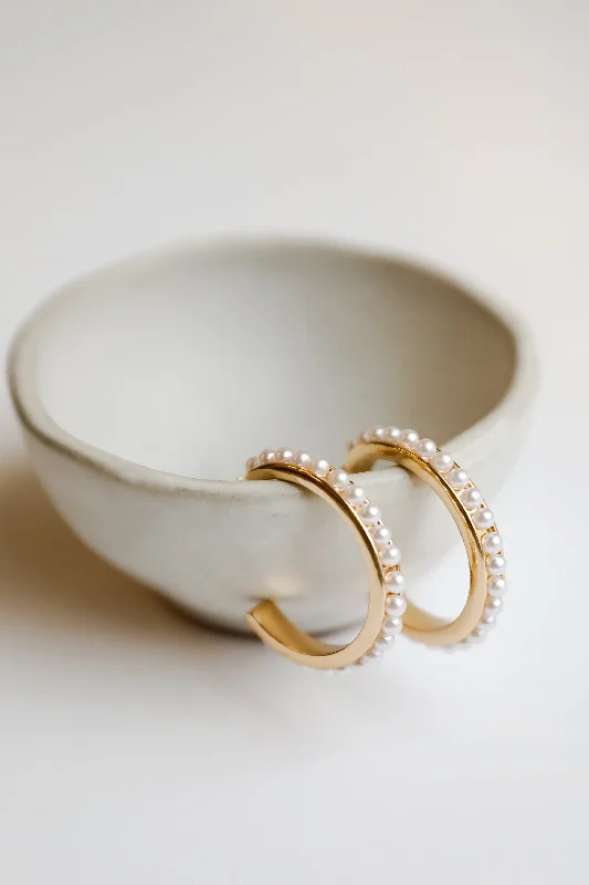 Lightweight earrings for women -Elle Gold Pearl Hoop Earrings