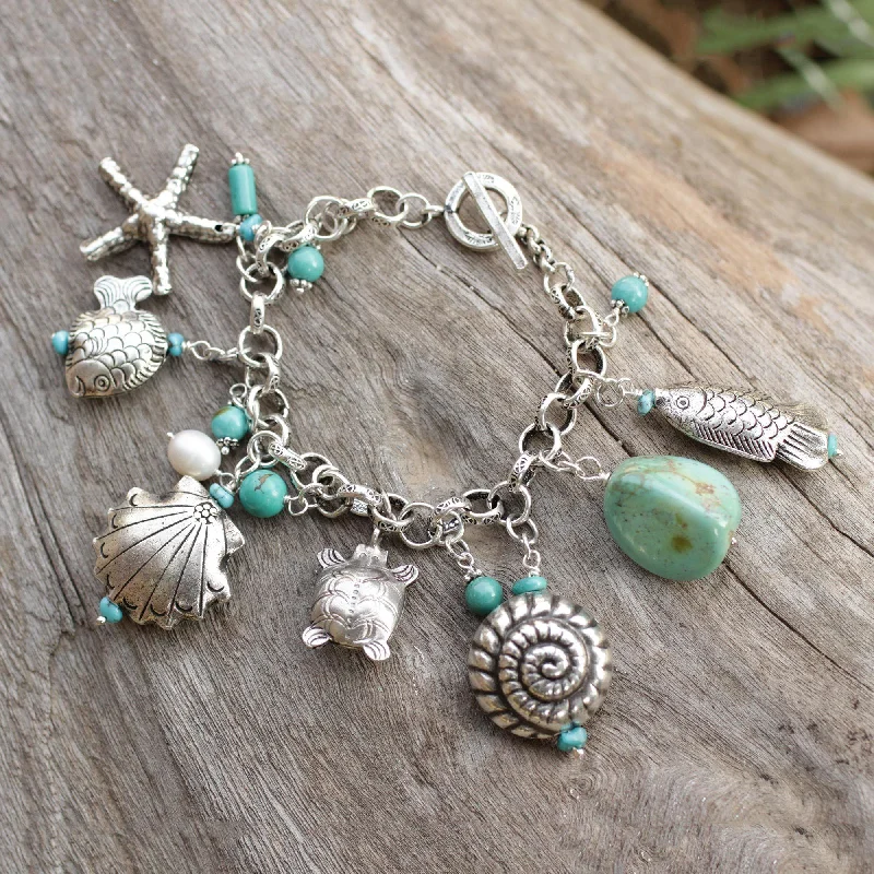 Wedding jewelry bangles for women -Open Sea Turquoise & Pearl Charm Bracelet