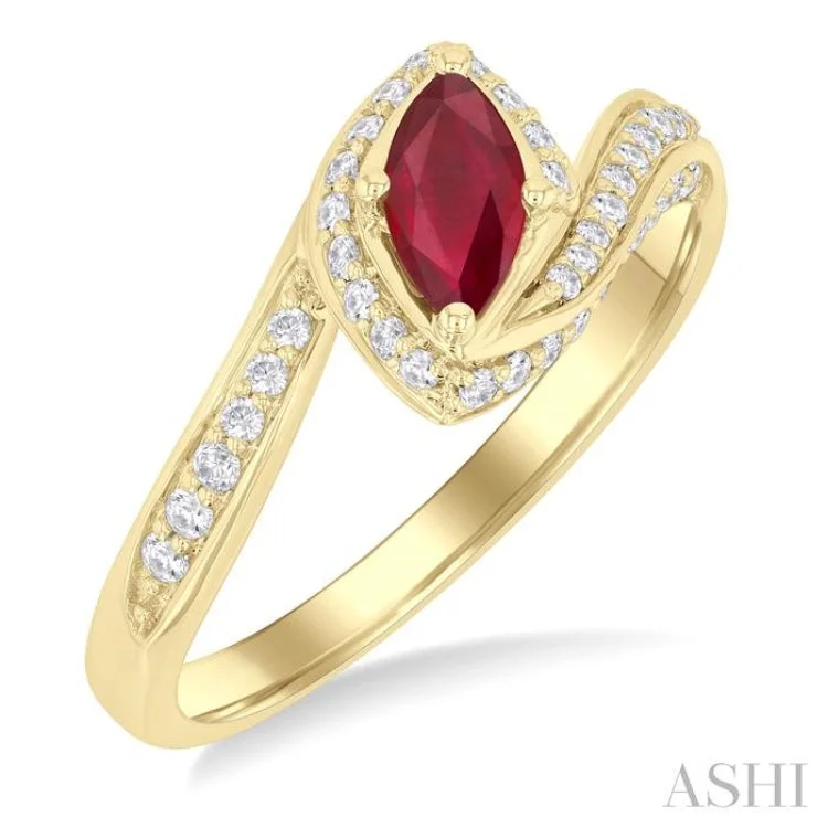 Halo engagement rings for women -7X3.5 MM Ruby Marquise Cut and 1/4 ctw Bypass Round Cut Diamond Precious Ring in 10K Yellow Gold