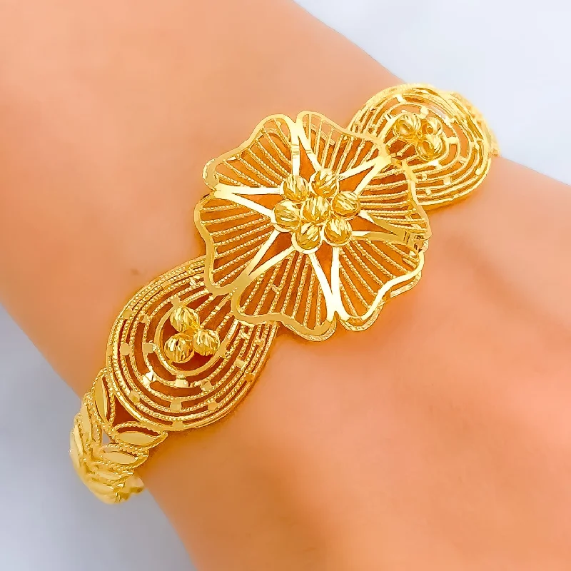 Unique designer bangles for women -Graceful Striped Flower 22k Gold Bangle Bracelet