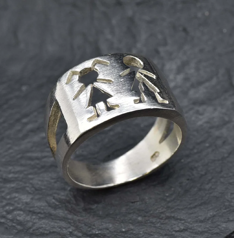 Women’s gold plated rings-Wide Silver Ring - Stick Figure Ring - Boy Girl Ring