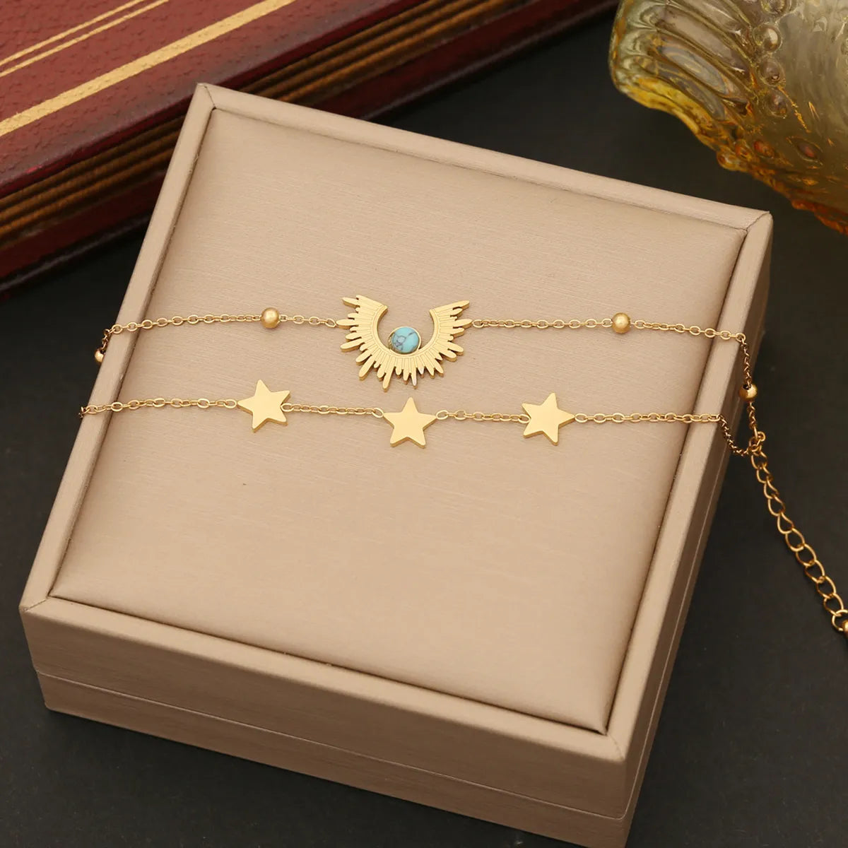 Handmade gemstone bracelets -Vintage Style Star Titanium Steel Plating Inlay Turquoise 18k Gold Plated Bracelets