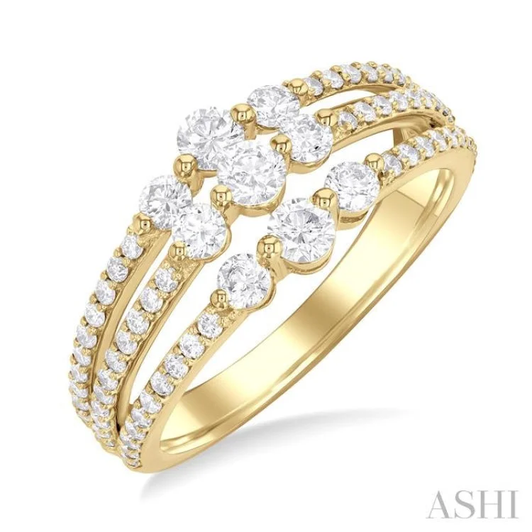 Wedding rings with engagement rings for women -1.00 ctw Triple Row Past, Present & Future Round Cut Diamond Wedding Band in 14K Yellow Gold