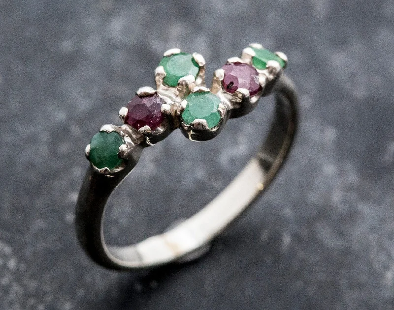 Women’s chunky rings-Emerald Bypass Ring - Asymmetric Silver Band - Ruby Vintage Ring