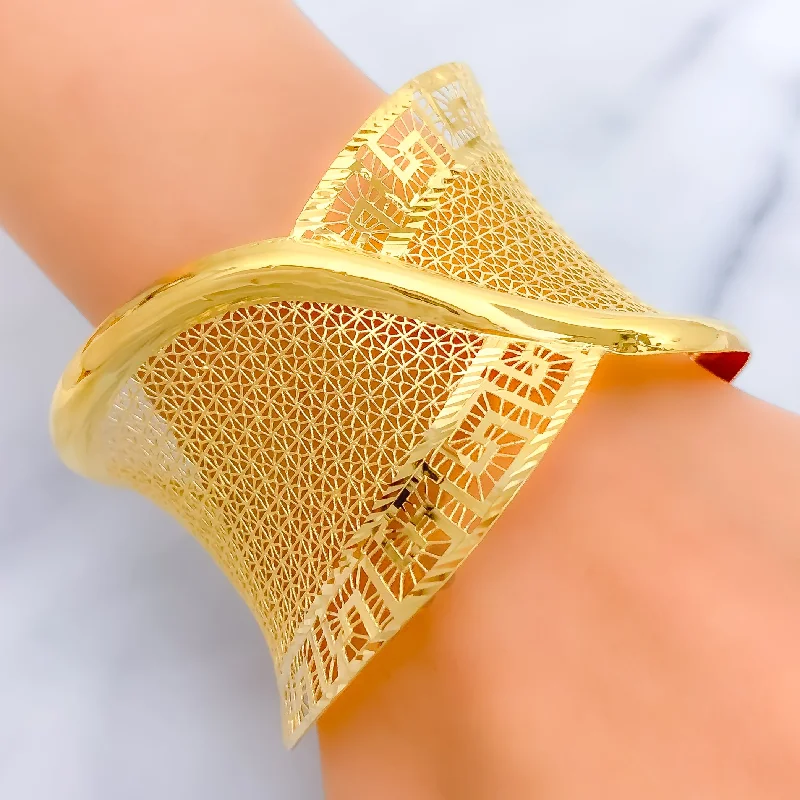 Gold women's bangles -Impressive Bold 21K Gold Meshed Bangle Bracelet