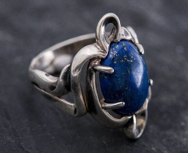 Women’s engraved rings-Lapis Ring - Large Blue Ring - Vintage Silver Ring