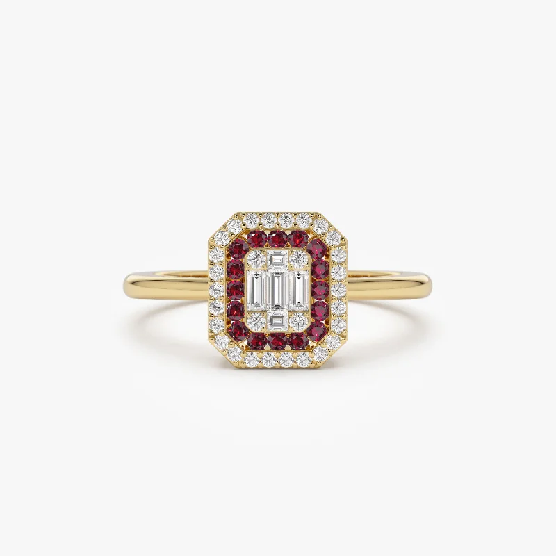 Women’s topaz rings-14k Baguette and Round Ruby Ring with Halo Setting