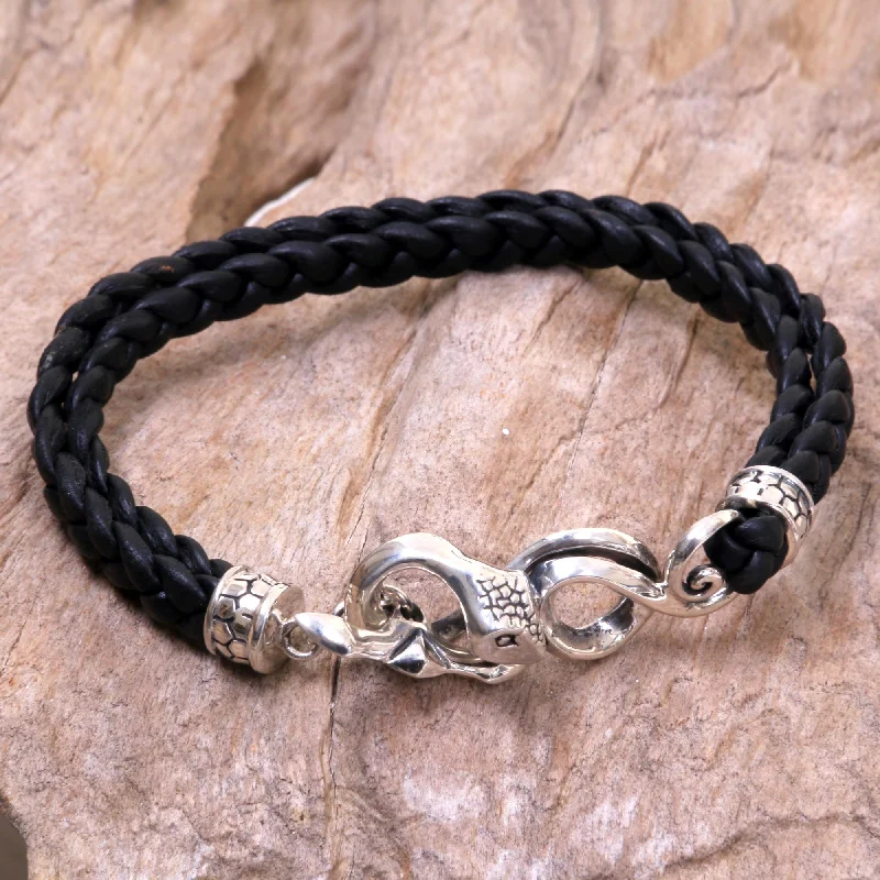 Women's bangles with pendants -Cobra Men's Black Leather Bracelet with Silver Snake Clasp