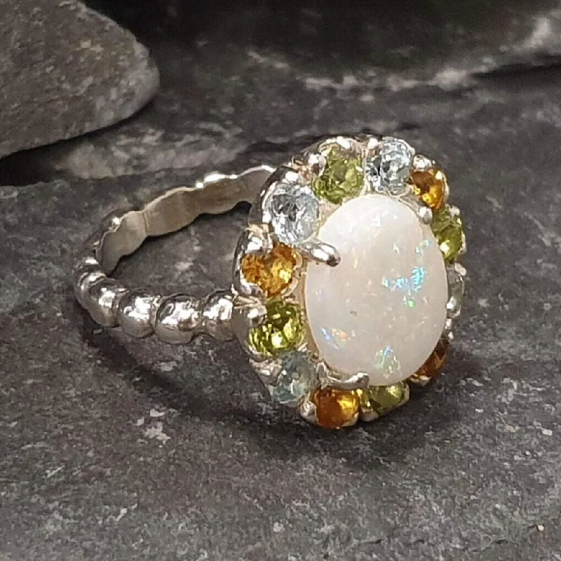 Women’s opal engagement rings-Australian Opal Ring - White Flower Ring - Multistone Cocktail Ring