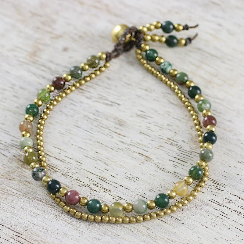 Minimalist women's bangles -Dazzling Green Red Harmony Jasper & Brass Beaded Bracelet