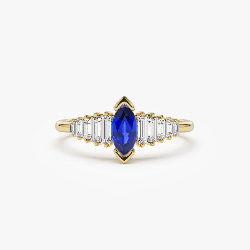 Women’s aquamarine rings-14k Gold Marquise Shape Sapphire  Ring with Baguette Accents