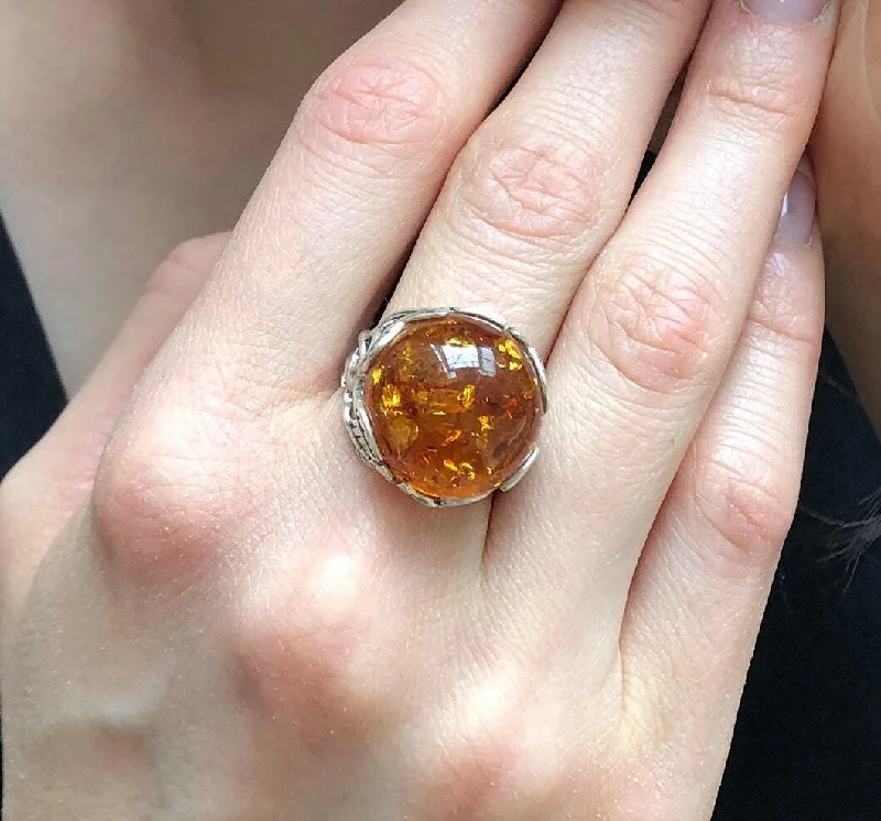 Women’s topaz rings-Large Amber Ring - Genuine Amber Ring - Vintage Cocktail Ring