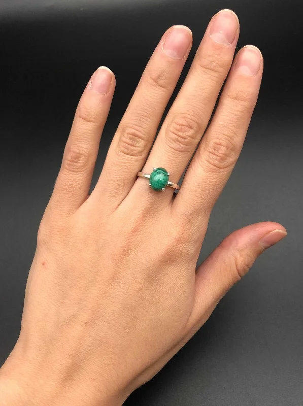 Women’s silver rings-Malachite Ring - Green Oval Ring - Natural Vintage Ring