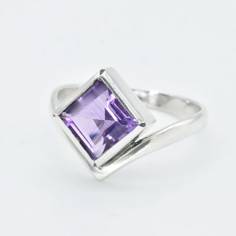 Women’s adjustable rings-Purple Amethyst Ring - Natural Amethyst Ring, Princess Cut Silver Ring