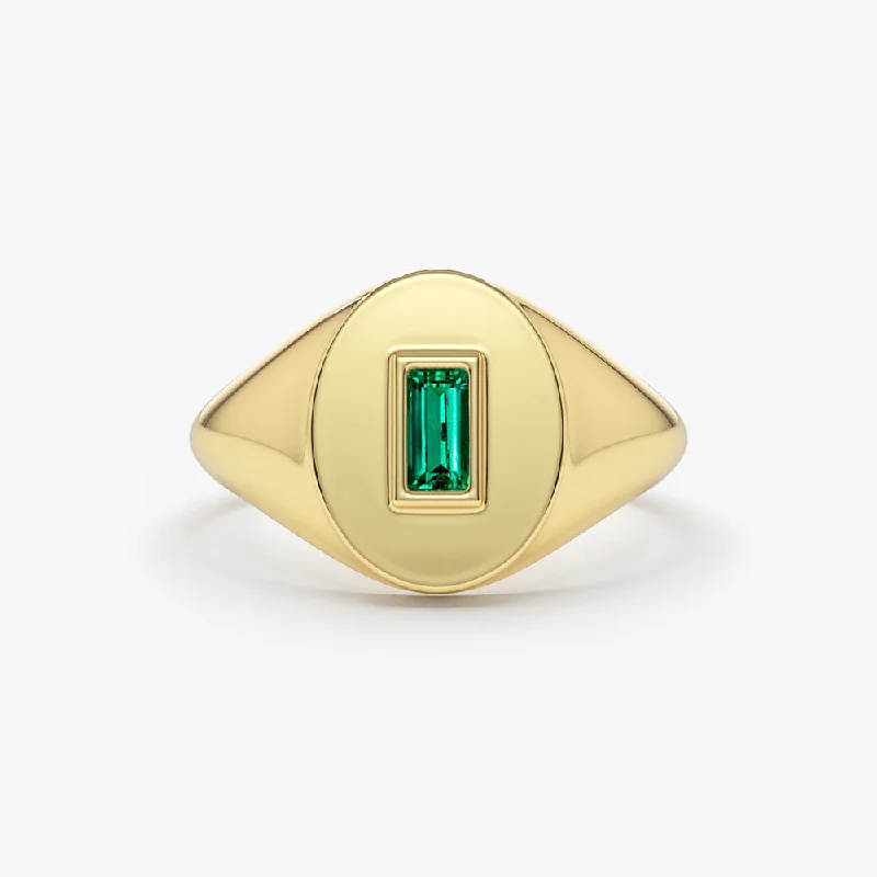 Women’s halo diamond rings-14k Gold Baguette Emerald Signet Ring