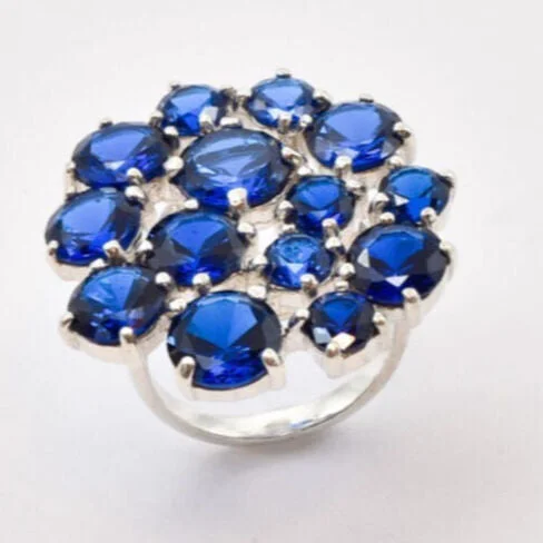 Women’s wedding band rings-Cluster Sapphire Ring - Blue Cocktail Ring - Flower Statement Ring