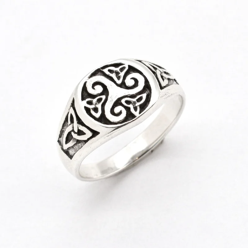 Women’s engagement rings with side stones-Triskelion Ring - Celtic Silver Band - Signet Ring