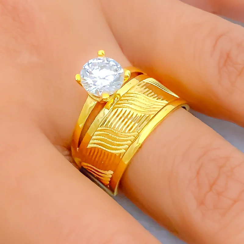 Women’s large diamond rings-Reflective Striped 22k Gold CZ Ring w/ Solitaire