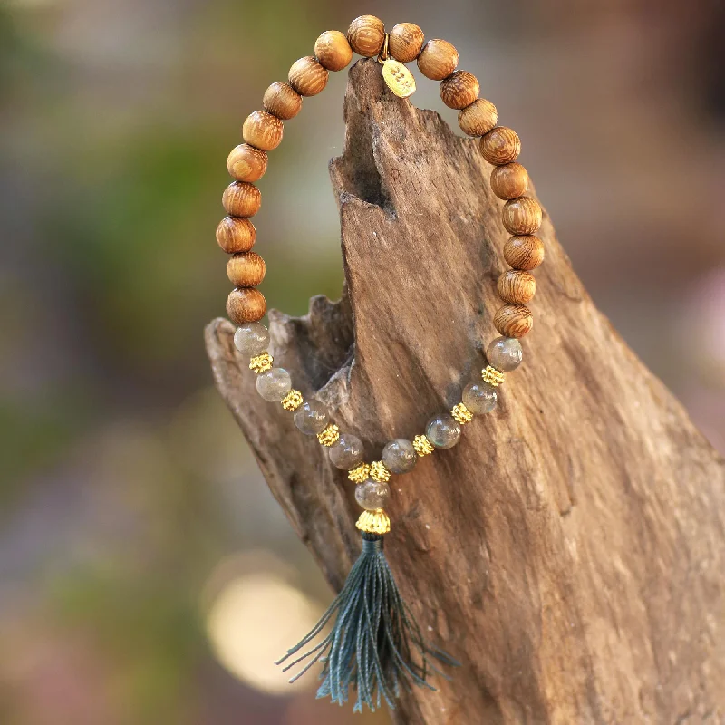 Women's bangles for the office -Batuan Harmony Gold Accented Labradorite and Wood Beaded Stretch Bracelet