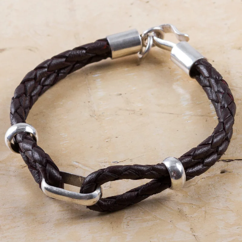 Trendy women's bangles -Men's Brown Leather & Sterling Silver Braided Bracelet