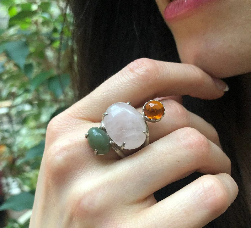 Women’s emerald rings-Multistone Statement Ring - Rose Quartz Ring - Vintage Amber Ring