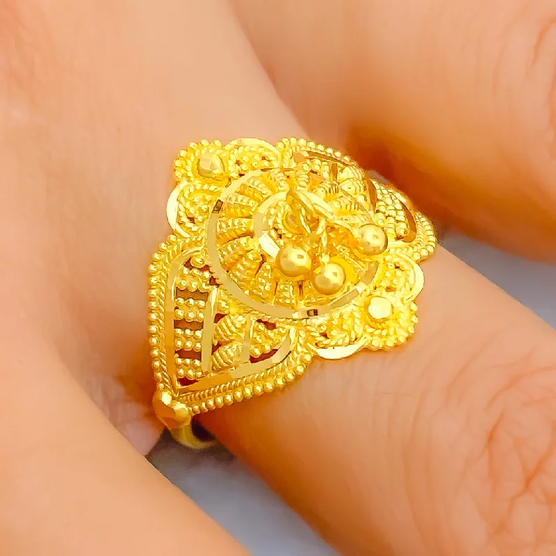 Women’s adjustable statement rings-Shimmering Leaf Accented 22K Gold Ring