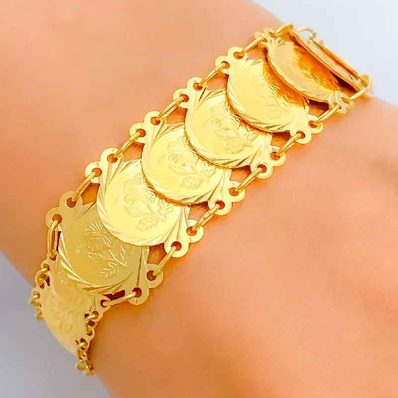 Beautiful custom bracelets for women -Intricate Adorned 21k Gold Coin Bracelet