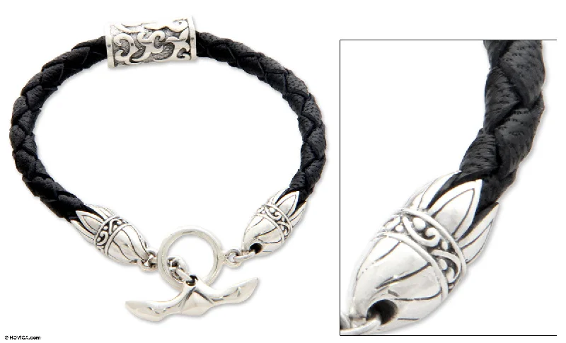 Designer bracelets for women -Tribal Scroll Sterling Silver Leather Bracelet