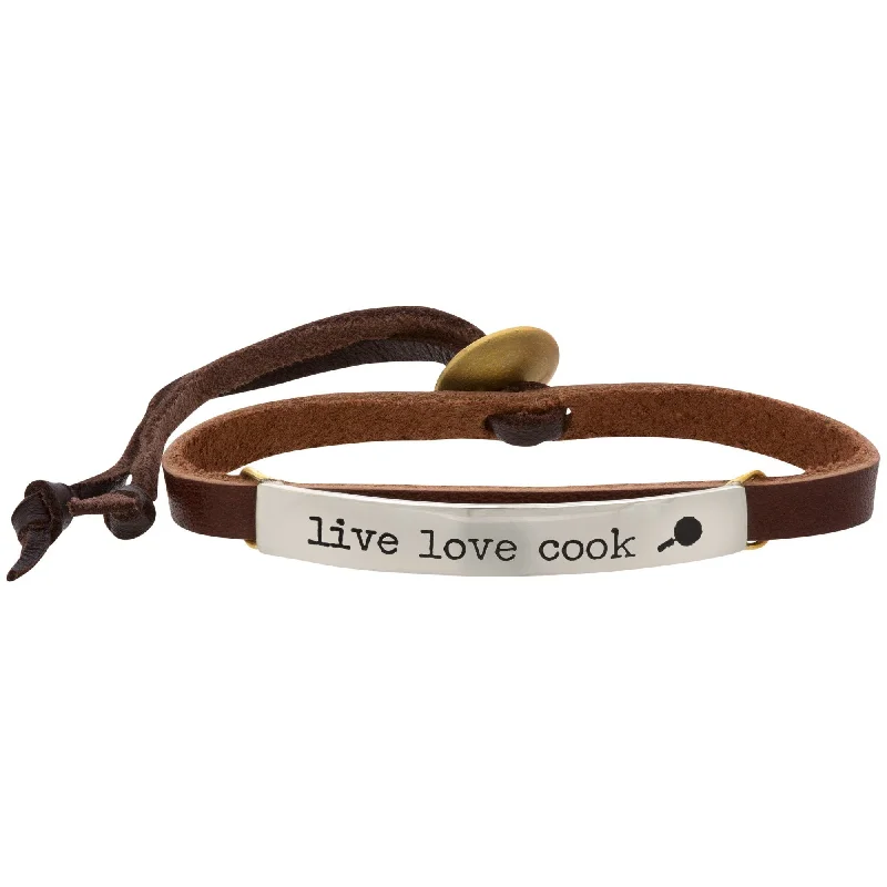 Women's silver and gold bracelets -Live Love Cook Leather Bracelet