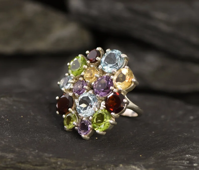 Women’s alternative rings-Large Multistone Ring - Colorful Cocktail Ring - Statement Cluster Ring