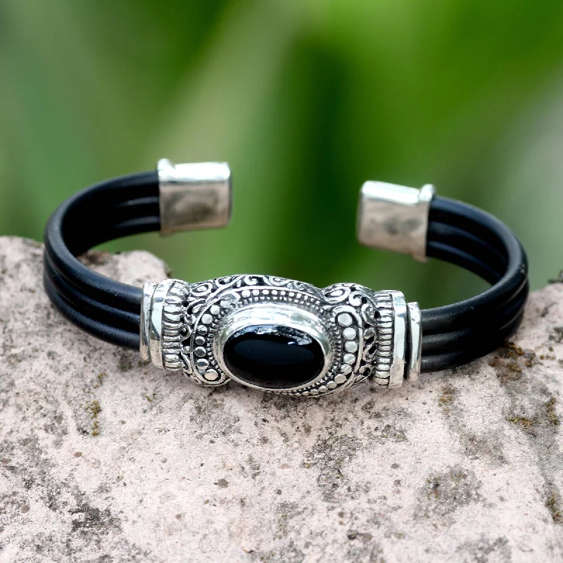 Elegant women's bracelets -Royal Splendor Onyx Silver & Rubber Cuff Bracelet