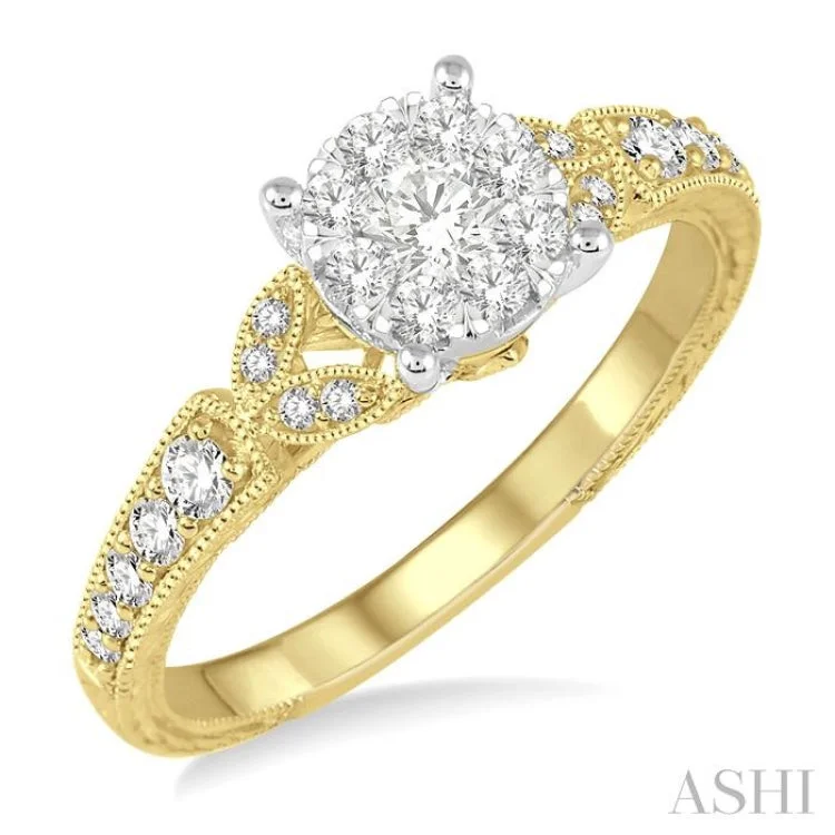 Custom engraved engagement rings for women -1/2 ctw Round Cut Diamond Lovebright Engagement Ring in 14K Yellow and White Gold